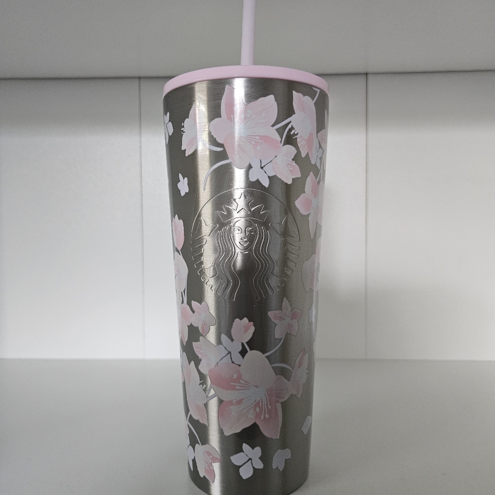 Starbucks 2024 Pink and Silver Cherry Blossom Insulated 24 fl oz. Cup/Tumbler